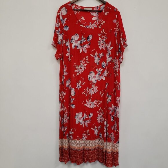 Woman Within Woven Maxi Boho Tropical Dress Size 2X Red Vacation Travel Island - Picture 1 of 14